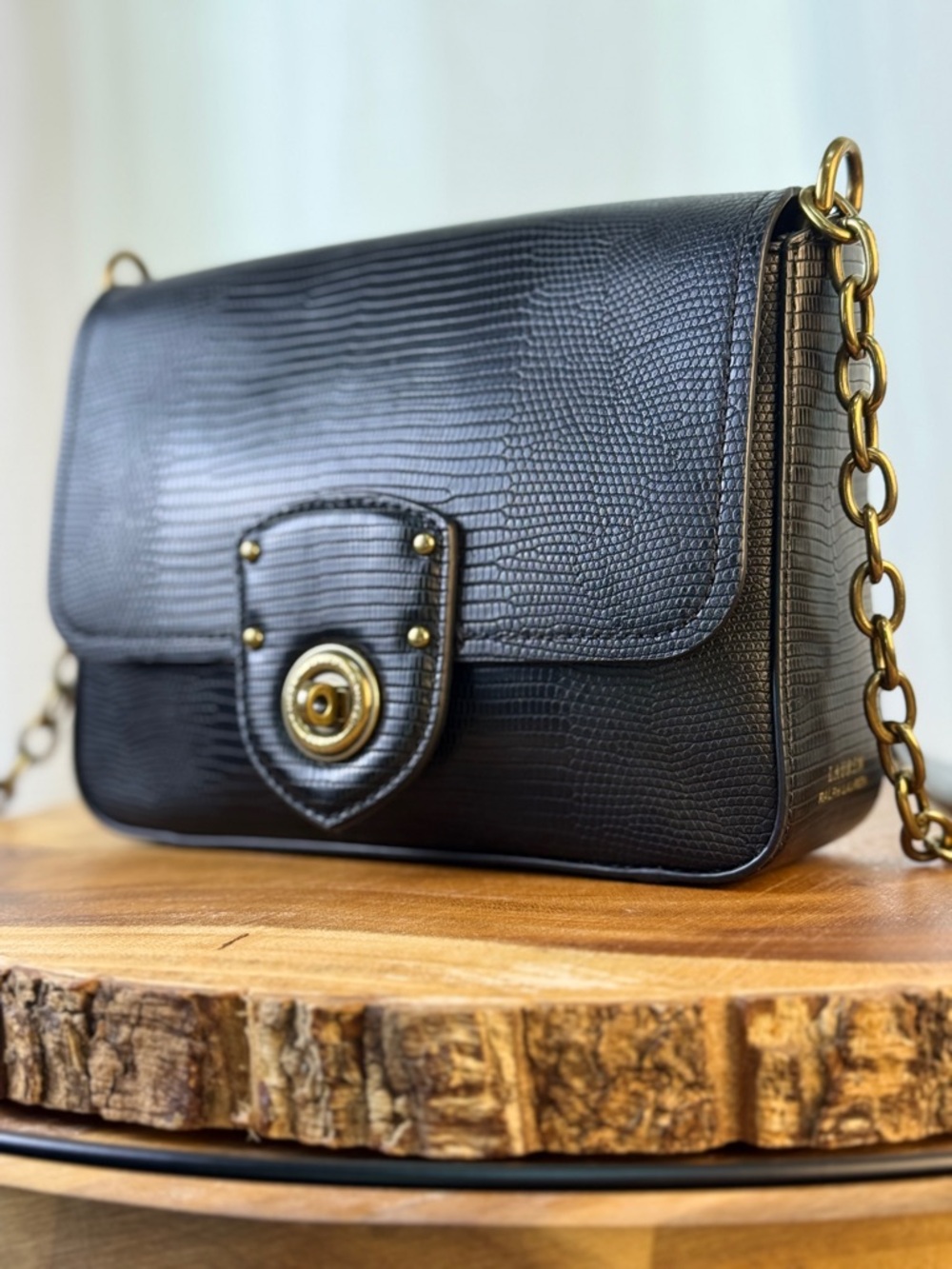 Lauren Ralph Lauren Black Lizard-Embossed Leather Crossbody - Antique Gold  HW